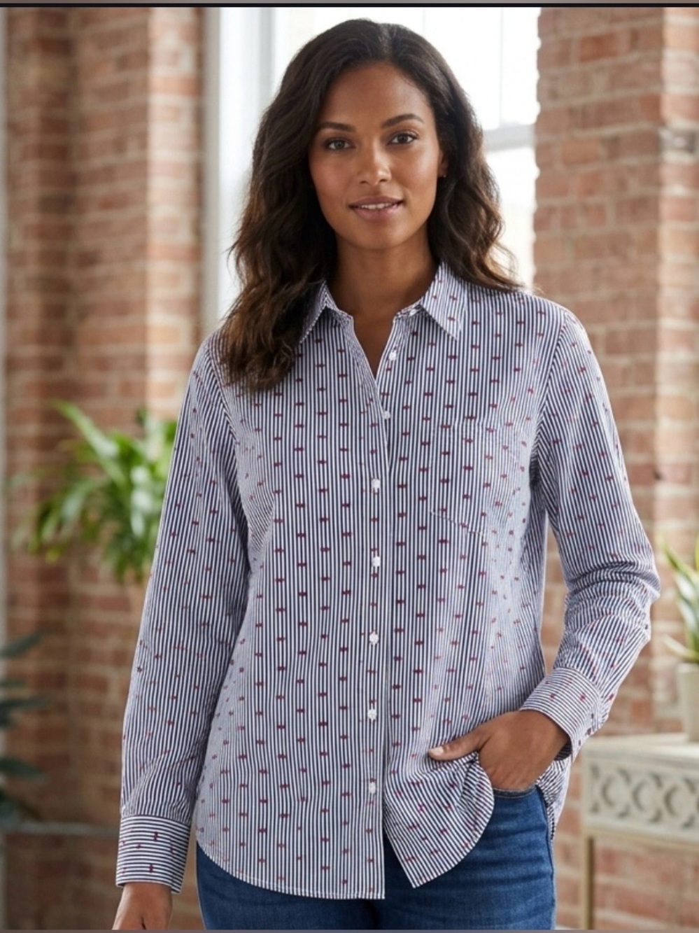 GAP Boyfriend Button-Down Shirt in Blue & White Stripe with Red Embroidered Bows